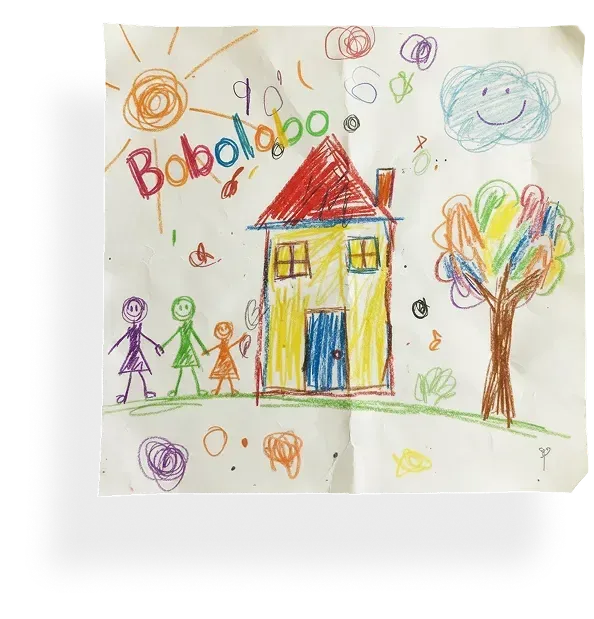 Bunte Kinderzeichnung mit Haus, Familie und Sonne